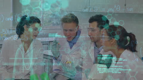 Diverse Scientists Analyzing Data with Futuristic Overlay in Laboratory
