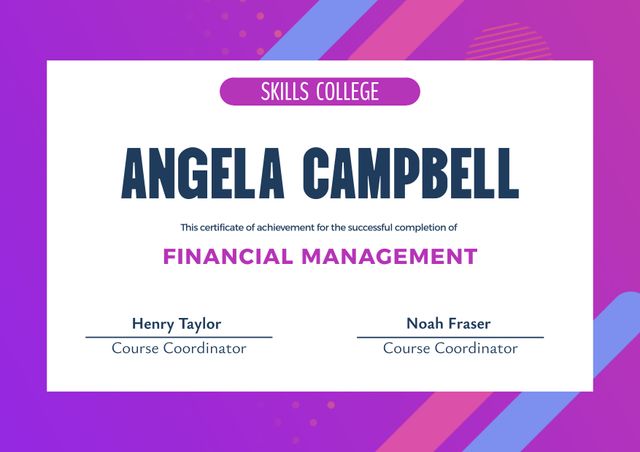 This certificate template is designed for recognizing the successful completion of a Financial Management course at Skills College. It can be used by educational institutions, training centers, and corporate entities to honor the achievements of students and professionals in their financial studies. The stylish and professional design makes it suitable for both academic and professional settings.