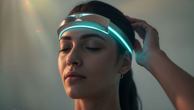 Adult woman wearing illuminated futuristic headband visor, eyes closed closeup portrait