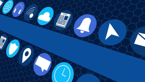 Animated Media Icons on Blue Hexagon Background