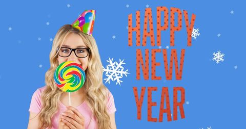 Joyful New Year Celebration with Happy Woman and Lollipop