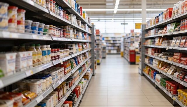 Empty supermarket aisle leading toward bright store end with stocked shelves