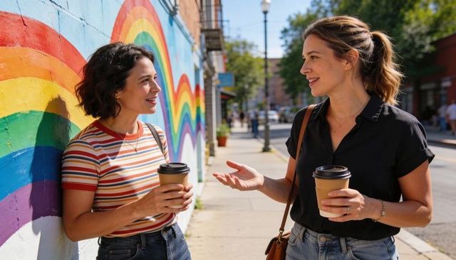 Two women chatting over takeaway coffee by rainbow mural on sunlit casual urban sidewalk