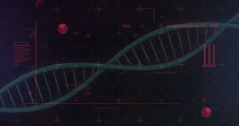 Teal DNA Helix with Neon Red Data HUD on Dark Hex Grid for Genomics and Biotech