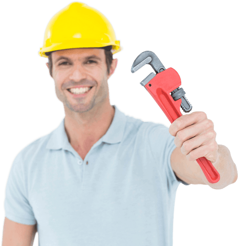 Smiling worker with wrench isolated on transparent background