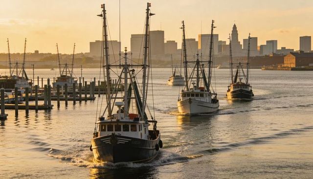Golden hour fishing trawler fleet cutting harbor wake with urban skyline at sunset