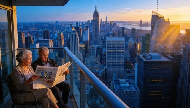 Senior couple reading newspaper on balcony overlooking manhattan skyline in golden sunset