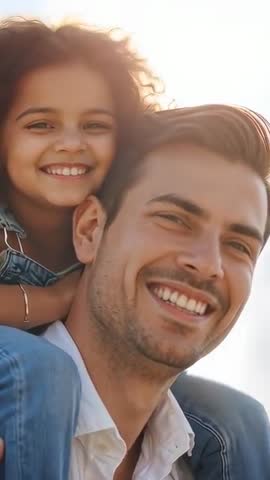 Sunlit vertical video showing smiling father carrying daughter on back during golden hour