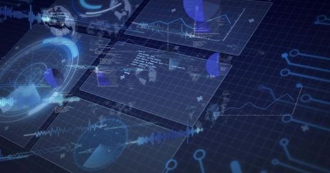 Futuristic hud panels floating over digital grid showing dashboards and network graphs