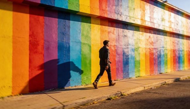 Walking man along vibrant rainbow mural casting dramatic shadow on sunlit urban sidewalk