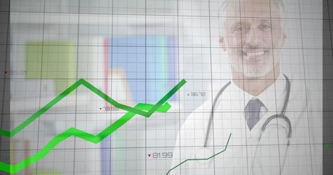 Doctor analyzing healthcare data with green graphs overlay