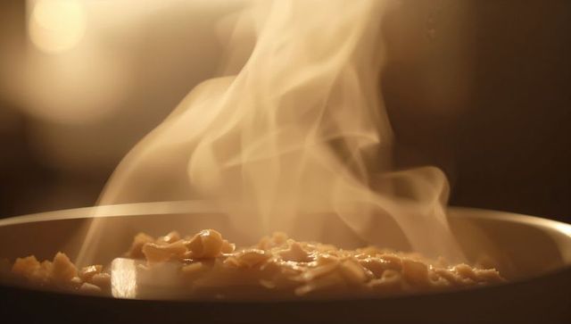 Steaming shallow pan revealing glazed shredded protein over rice with warm backlight