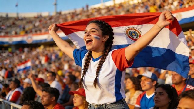 Young fan cheering and waving paraguay flag in packed stadium during football match