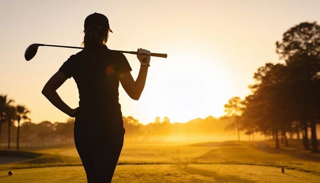 Female golfer standing on tee holding club across shoulders at golden sunrise silhouette