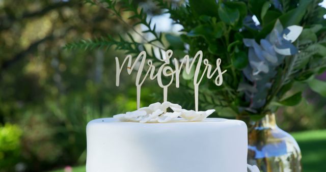 Elegant White Wedding Cake with 'Mr & Mrs' Topper - Download Free Stock Images Pikwizard.com