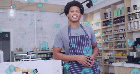 Smiling Shop Assistant with Digital Interface Concept Overlay