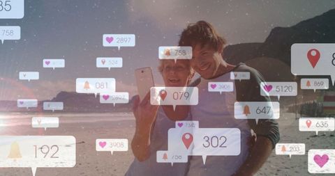 Mother and Son Enjoying Beach Selfie with Digital Icons