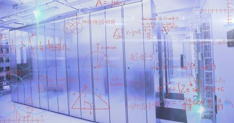 Mathematical formulas overlay on server room in data center