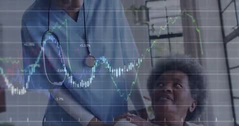 Medical Professional Assisting Elderly Patient with Overlaid Health Analytics Graphs