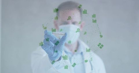 Doctor presenting vaccine vial with holographic medical data network and analytics
