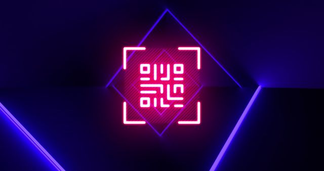 This vibrant scene features neon-lit QR code framed by geometric shapes. It is illuminated against a dark background in shades of purple, pink, and blue, creating a futuristic and digital ambiance. Ideal for use in tech presentations, advertisements, events, and designs aiming to convey a modern, high-tech aesthetic.