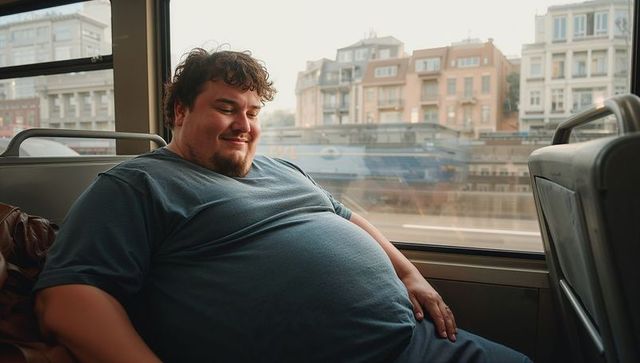 Smiling passenger relaxing on urban commuter train window seat during daylight