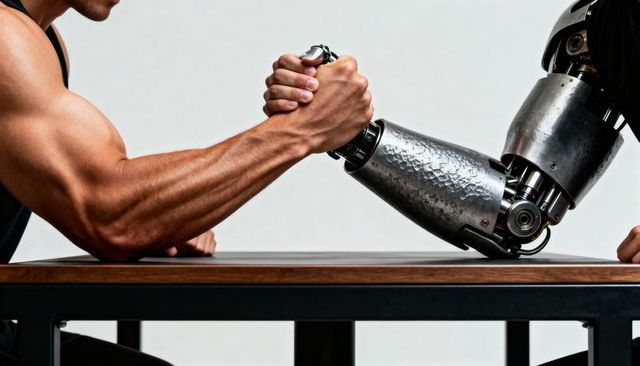 Muscular man arm wrestling robotic prosthetic arm human strength facing futuristic tech