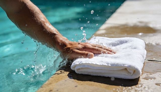 Pressing tanned hand on folded white towel on pool coping with splashing turquoise water