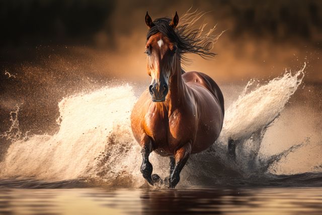 Brown horse running in water, created using generative ai technology. Nature, horse, animal and wildlife concept digitally generated image.