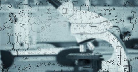 Researcher pipetting in laboratory with chemistry formulas overlay