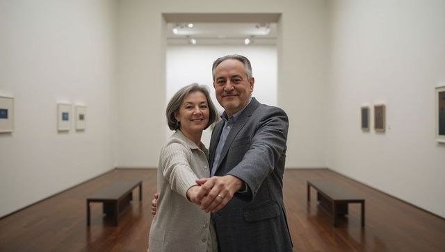 Holding hands senior couple smiling in minimalist art gallery during cultural outing