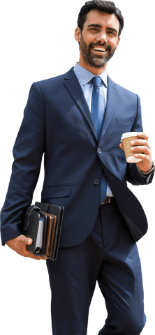 transparent smiling businessman holding coffee cup notebook - Download Free Stock Videos Pikwizard.com