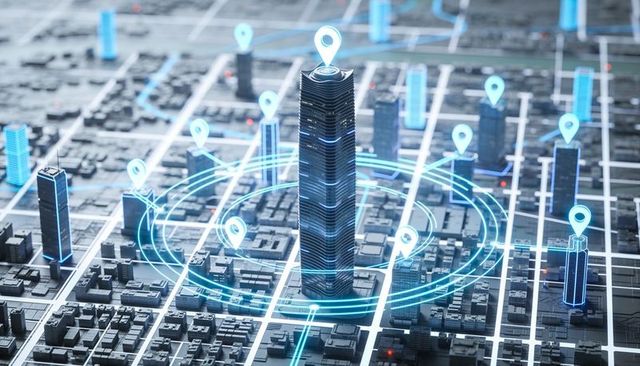Holographic city hub centering skyscraper with glowing rings and neon location pins on smart grid
