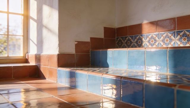 Mediterranean tiled bench catching warm sunlight in cozy alcove with blue terracotta tiles