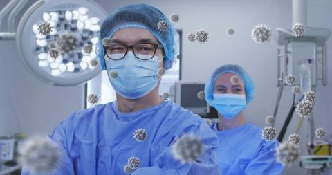 Surgical team wearing ppe in operating room with virus overlay showing infection risk