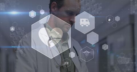 Modern Healthcare: Doctor with Digital Medical Icons Overlay