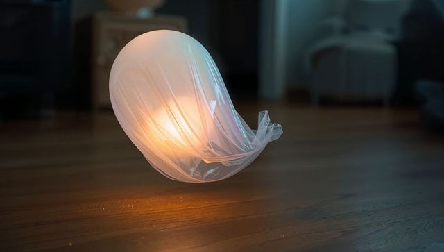 Glowing orb wrapped in translucent plastic flooring art