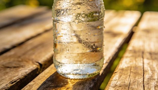 Glass jar catching golden sunlight on weathered wood with dewy condensation beads and warm glow