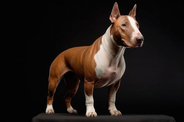 Bull Terrier is standing proudly against a black background, highlighting its strong physique and distinctive ears. This stock image can be used for pet adoptions, breed showcases, vet services, pet care ads, or animal-related articles.
