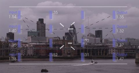 Digital data overlay interface over urban skyline