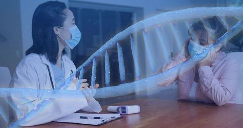 Doctor consulting anxious patient with dna hologram overlay for genetic counseling