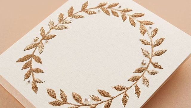 Gold foil laurel wreath framing blank cream cardstock for luxury wedding invitation