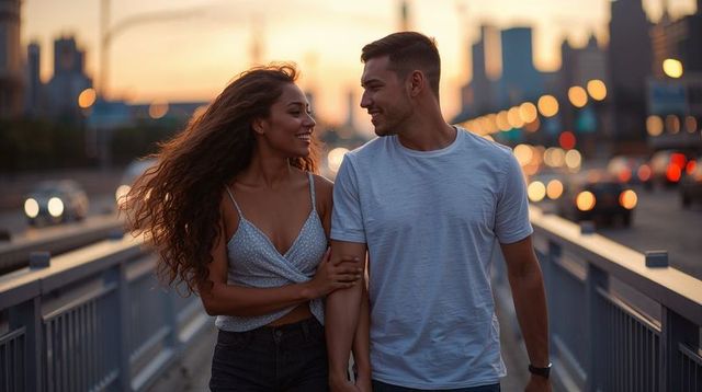 Couple walking on city bridge at sunset sharing smile and connection
