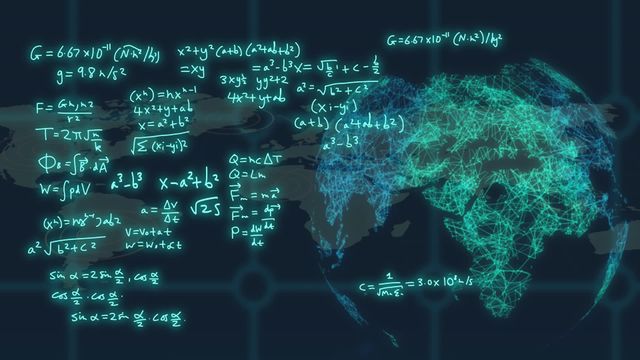 This illustration features a holographic globe overlaid with complex mathematical equations, symbolizing the intersection of education, science, and globalization. The digital aspect highlights technological advances and academic brilliance. Ideal for use in educational materials, technology presentations, and content focusing on global scientific endeavors.