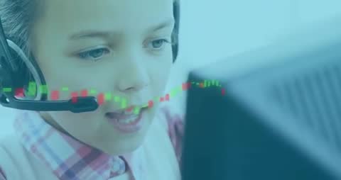 Young Girl Communicating Through Headset with Digital Graph Overlay