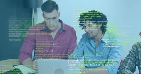 Collaborating developers reviewing code with overlay graphics