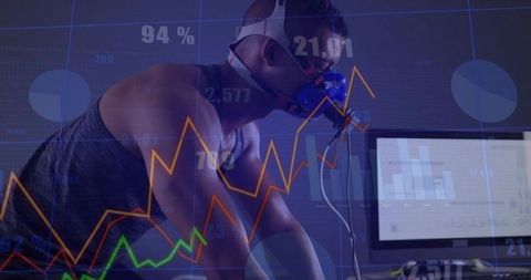 Athlete testing efficiency on stationary bike with data overlay