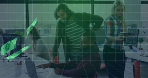 Team Collaborates in Modern Office with Digital Financial Graph Overlay