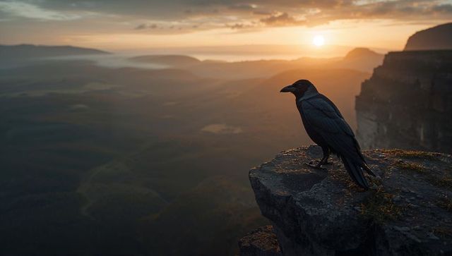 Majestic Crow Overlooking Misty Valley at Sunrise