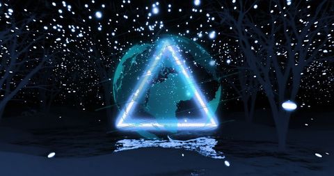 Glowing digital triangle with futuristic earth in night forest